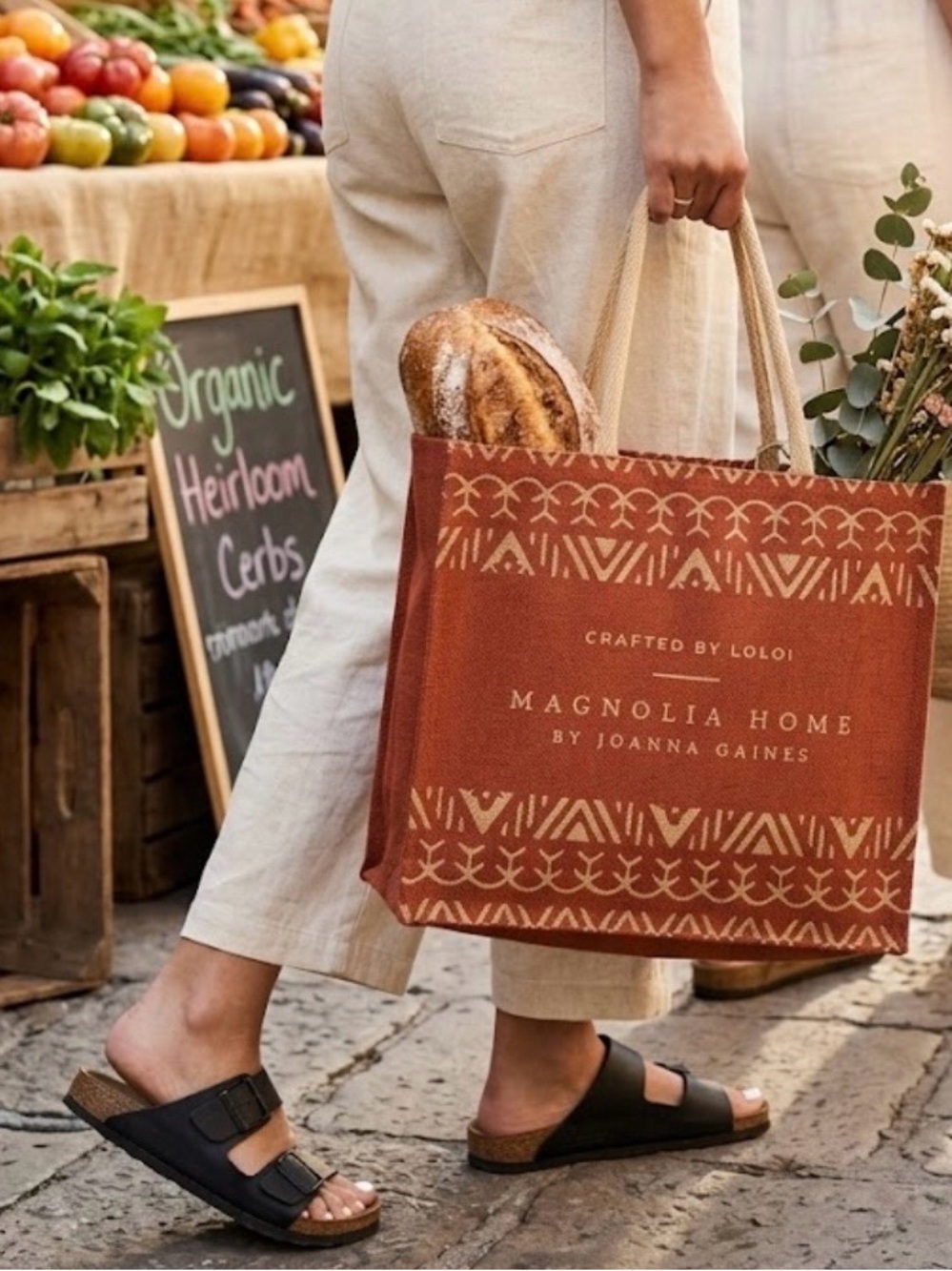 NEW Magnolia Home Joanna Gains Rust Red Burlap Tote Pier 1 Imports 16" x 14" x5